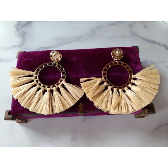 Straw Hoop Dangling Pierced Earrings - Picture 6 of 10